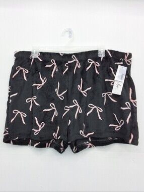 Women's Plush Sleep Shorts Pink Bows Print Black Lounge Pajama Shorts Size 3X